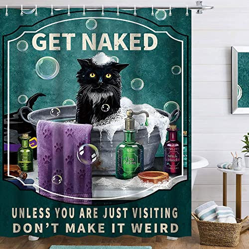 Katze Duschvorhang Lustiger Duschvorhang 183 cm Bx183 cm L Get Naked Duschvorhang Dunkelgrün Vintage Duschvorhang Bad Seife Bubble Badewanne Spaß Bad Dekor Zubehör Wasserdicht Polyester Stoff 12 Haken