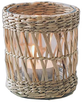 KiaoTime 1 x gewebter Teelichthalter aus Korbgeflecht, Boho-Dekoration, Strandhaus, handgewebt, Votiv-Teelichthalter, Glas-Kerzenhalter für Esstisch, Küche, Dekoration