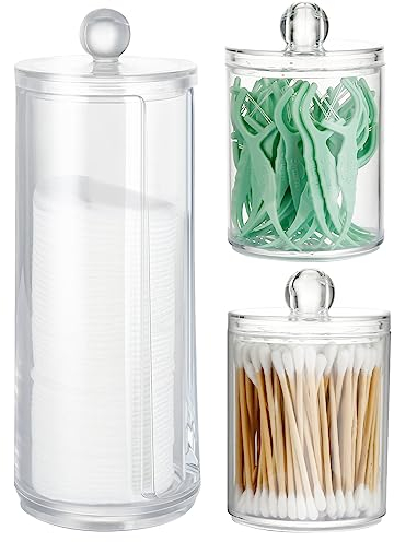 Teklemon 3 Stück Wattepadspender Transparente Acryl Make-up-Organizer-Set Wattepad Halter und Wattestäbchen Behälter und Mehrzweck-Zylinder, Aufbewahrungsbox mit Deckel für Schminktisch, Badezimmer