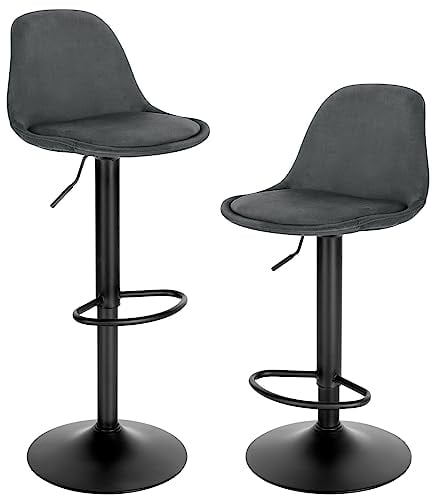 EUGAD Barhocker 2er-Set, höhenverstellbarer Barstuhl, Drehhocker, ergonomischer Stuhl, Bistrohocker, Polsterhocker mit Samtbezug, mit Rückenlehne, Fußstütze, aus Metall, dunkelgrau,1051BY-2