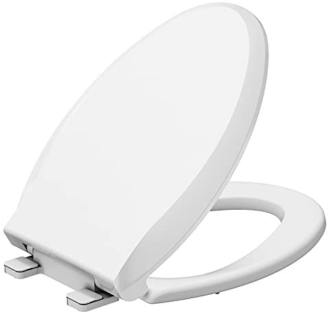 Durable Elongated Toilet Seat with Slow Soft Close - Easy to Install and Clean, Never Loosens - White, Fits Most Elongated Toilets