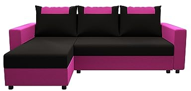 ALTDECOR Ecksofa mit Schlaffunktion und Bettkasten, Polstercouch in L-Form Links angeordnet, rückenecht gepolstert, ideal als Gästebett STARI-BIS 233x138x90cm Rosa/Schwarz