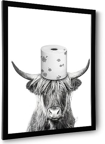 Schwarz-weiße Hochland-Kuh-Wandkunst, gerahmt, lustige Badezimmer-Wanddekoration, niedliche Hochlandkuh, Leinwanddruck, lustige Kinderzimmer-Dekoration, Wandkunst (gerahmt, 20,3 x 25,4 cm)