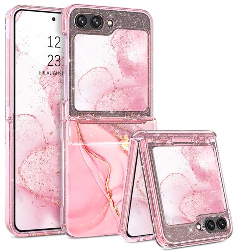 YINLAI for Samsung Galaxy Z Flip 5 Case Marble Pattern Full Body Rugged Drop Shockproof Protection Girly Women Case for Samsung Galaxy Z Flip 5 6.7 Inch, Rose Gold Pink/Clear