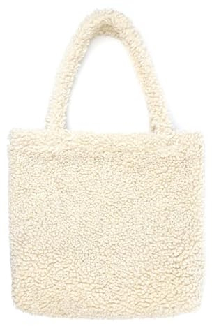 Made in Italy Damen Teddyfell Tasche Shopper Tote Bag Handtasche Plüsch Schultertasche Teddytasche Pelz Damentasche Felltasche Wintertasche Beige