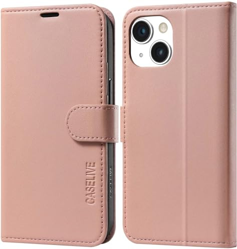 CASELIVE Wallet Case for iPhone 15 Plus, Genuine Leather Case with [Card Holder] [Screen Protector] [RFID Blocking][Shockproof TPU Shell] Kickstand Folio Cover for iPhone 15 Plus 6.7''(Rosybrown)