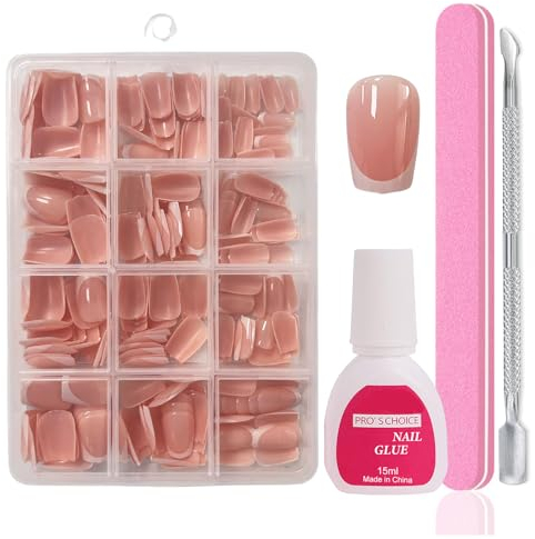 Maggidea French Press on Nails Set, 240Pcs Nude Fake Nails French Tip Glossy False Nails with Glue, Full Cover Ballerina Manicure Art Decorations for Girls Women
