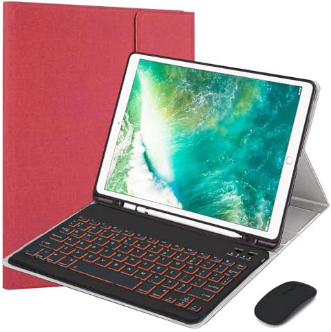 VLEAQC Keyboard Case and Mouse for iPad Pro 12.9 inch 2017/2015 (2nd & 1st Generation), Detachable Wireless Keyboard with 7 Colors Backlit, Lightweight Protective Case with Pencil Holder,Red