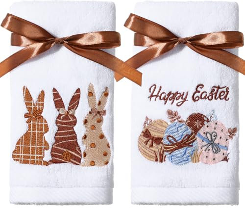 Remagr Oster-Badezimmer-Handtücher, Baumwolle, Bestickt, 34 x 75 cm, Osterhasen-Handtuch mit Band, dekoratives Ostereier-Geschirrtücher-Set zum Trocknen und Reinigen, Bauernhaus, 2 Stück