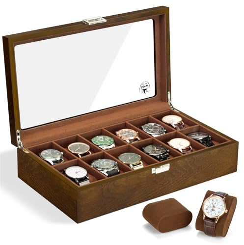 Slege Uhrenbox aus Holz mit 12 Fächer,Uhrenetui für Herren,Uhrenhalter Glasplatte & Uhrenkissen,Uhrenaufbewahrung für Uhren,Uhrenbox-Organizer für Damen und Herren,Geschenkidee,Watch Box,Watch Case