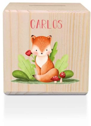GRAVURZEILE Spardose aus Holz - Waldtiere - mit Namen personalisiert - Personalisierte Geschenke für Mädchen & Jungen zum Geburtstag Kommunion Einschulung - Geschenk für Kinder - Fuchs