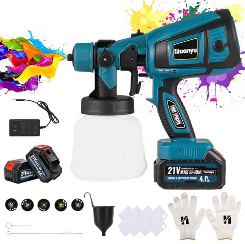 Huanyu Spruzzatore di vernice a batteria con 2 batterie da 21V 4.0Ah e 5 ugelli Potente pistola a spruzzo da 900 ml con 3 modelli Spruzzatore di vernice elettrico (CN6000) (Blu)