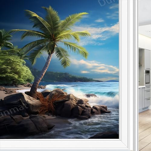 Rustikale Palme Buntglas Fensterfolie Ozean Schöne Pflanzen Scenic Privacy Fensterfolie Nicht klebende Glasfolie Dekorative Statische Frischhaltefolie für Home Office 70 * 100cm