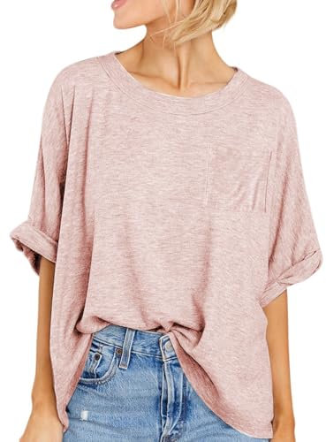 Famulily Womens Summer Casual Oversized T Shirt Crew Neck Short Sleeve Loose Basic Tee Shirts Tops (XL,Pink)