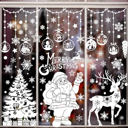 Xnova 163 Stk Fensterbilder Weihnachten Groß Fensterdeko Weiß, Weihnachts Fensterbilder Wiederverwendbar Selbstklebend mit Schneeflocken Schneemann Rentier, Fenstersticker Weihnachten Winter