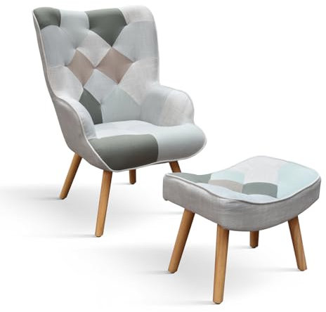 PAZZO DESIGN Poltrona Mila, Set Da 1, Multicolore, Poltrona Tessuto, Poltrona Relax, Poltrona Lettura, Poltrona Comoda, Gambe Legno, Con Poggiapiedi - id_2122