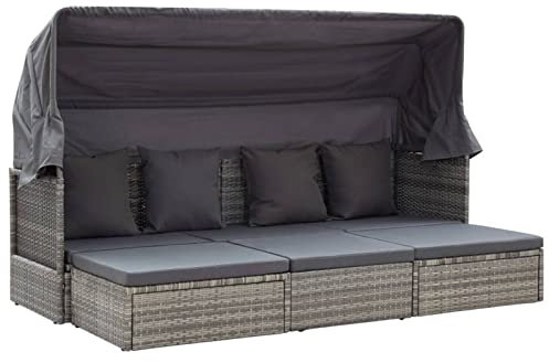 LAPOOH Gartenbett mit Dach, Liegen, Sonnenliege, Liegeinsel Outdoor, Outdoor Bett, Doppelliege, Gartenliege, Daybed Outdoor, Grautöne Poly-Rattan