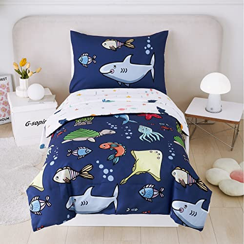 PERFEMET Kinder-Bettwäsche-Set für Jungen, volle Größe, 5-teiliges Bett in einer Tasche, marineblau, Ozean-Motiv, weich, wendbar, Cartoon-Fisch, Hai, Bettwäsche-Set für Mädchen, Teenager (Marineblau,