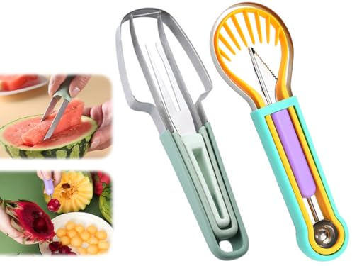 Anlising 2PCS Coupe-Pastèque 3 en 1, Outil à Découper les Fruits, Coupe-Melon en Acier Inoxydable, Couteaux à Découper les Fruits Outils, Cuillère à Melon 4 en 1, pour Couper, Sculpter les Fruits