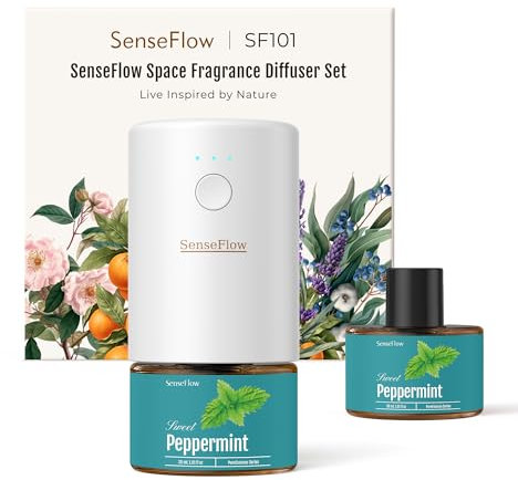 SenseFlow Diffusore di Oli Essenziali SF101 - Ultrasuoni Senza Acqua Profumatore per Ambienti, 100% Vegetale, Aroma 120 Giorni, LED, Ideale per Casa, Hotel e Studio - Menta Piperita