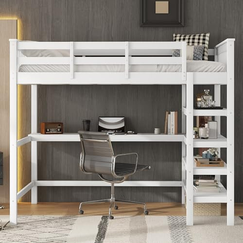 Merax Hochbett mit Schreibtisch & Lagerregal 140x200cm, Kinderbett Bettgestell mit Lattenrost & Rausfallschutz, Platzsparendes Kinder Etagenbett aus Kiefernholz & MDF, Funktionsbett Stockbett, Weiß