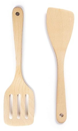 Spatule Bois en Hêtre Lot de 2 Ustensiles de Cuisine Bois Anti-Rayures pour Mélanger, Racler, Couper, Servir -31CM