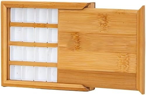 Daaxing Wasserfarbpalette aus Bambusholz, 24 Fächer, tragbar, leere Bambus-Farbpalette, leere Box mit Deckel, Holzpalette, Tablett, Aquarell-Behälter (ausziehbarer Stil)