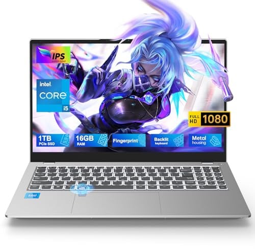 CyberGeek Computer portatile A15, 15,6 FHD IPS, Core i5-12450H (8-Core fino a 4,40 GHz), SSD PCIe 16 GB DDR4 1 TB, computer portatile, tastiera retroilluminata, impronte digitali, WiFi 6, HDMI,