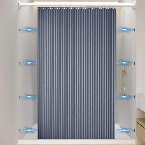 Momooda Rideau de Douche Pliable Aimantée avec Crochets, Imperméable Anti Moisissure, Lin pour Salle de Bain, Gris Bleu, 150x180cm