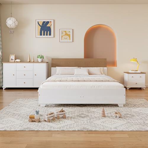 I0I&I0I Set camera da letto completa, 3 pezzi, letto matrimoniale moderno 160 x 200 cm + comodino con 2 cassetti + cassettiera con 3 cassetti e ante (bianco+naturale)