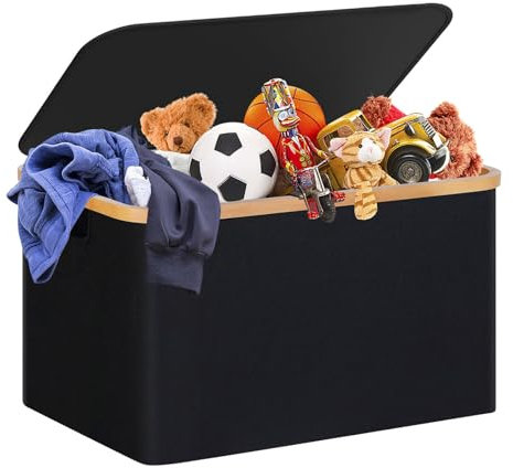 Faltbarer Wäschekorb mit deckel, 60L Wäschebo mit Bambus Henkel, Waschekorbsammler,laundry baskets, Aufbewahrungskorb für Schlafzimmer Badezimmer, Schwarz