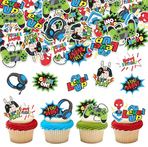 Blumomon 40pcs Edible Video Game Cupcake Toppers Assembled Game On Controllers Cupcake Picks GamePad Cake Decorations for Game Theme Kids Boys Girls Birthday Anniversary Party Decorations Supplies