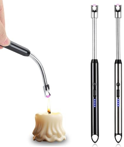 2 Stück Elektrisch Feuerzeug Stabfeuerzeug, GOMETY 17cm Lichtbogen USB Aufladbar Elektrisches Sturmfeuerzeug Winddichte Jetflame Metall Kerzenanzünder für Camping, Kamin, Küche, Grill (Silber+Schwarz)