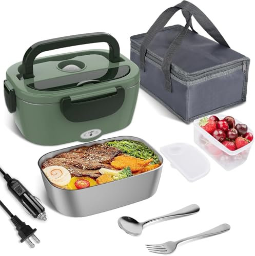 RETZLA Electric Lunch Box for Adults, 75W Portable Food Warmer with 1.5L 304 Stainless Steel Container, Fork & Spoon, 230V/12V/24V for Work, Car, Truck