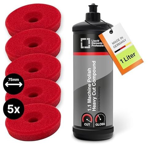 Liquid Elements - Auto Politur Set Heavy Cut Compound 1L - Autopolitur Set mit 5x 75mm Polierschwamm Centriforce V2 – Lackaufbereitung Komplettset ideal für alle Poliermaschinen