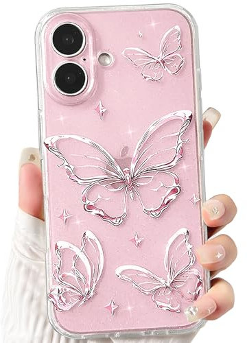NITITOP Compatible with iPhone 16 Plus Case Cute Clear Glitter Butterfly Design Sparkly Bling Shiny Star Trendy Girls Women Soft Slim Anti-Yellow TPU Shockproof Protective Phone Cover - Pink