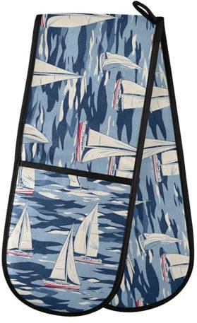 Oven Gloves Double Oven Gloves Boat Blue Nautical Coastal Heat Oven Mitts Pot Holder Heat Resistant Quilted for BBQ Baking Kitchen Cooking Gloves