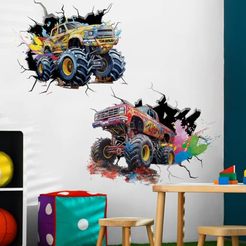 Runtoo Großer Monster-Truck-Wandaufkleber für Jungenzimmer, Aquarell, 3D-Rennwagen-Wandaufkleber, Kinderzimmer, Spielzimmer-Dekoration