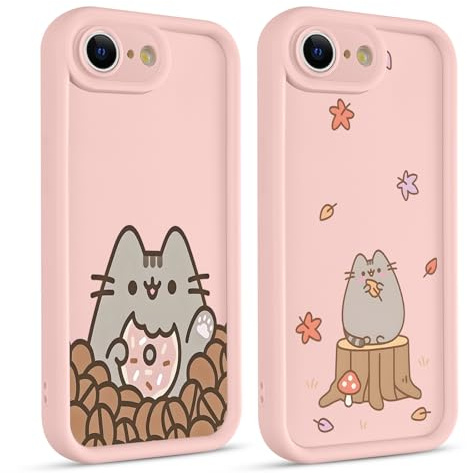 2 Stück Handyhülle für Apple iPhone 16e 6.1, Anime Cartoon Cute Katze Pusheen Cat Manga Muster mit Weich TPU Silikon Schutzhülle Kawaii Case Stoßfest Kratzfest Bumper Cover, Blätter