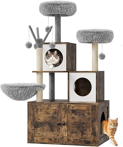 Arbre à Chat avec Cache-litière,140 cm,Grand Tour d'escalade à Chats avec 2 Grandes Plateformes, 2 Armoires Cachées, Panier, Plusieurs Griffoirs et des Balles Suspendues, Arbre à Chat Moderne,Marron