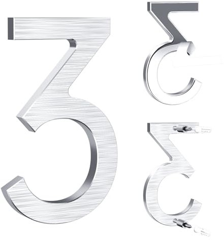 Yafimea numero civico esterno argento 12,5 cm – In alluminio massiccio con superficie spazzolata, adesivo o con viti, impermeabile – Per porta, muro, cancello, recinzione (3)
