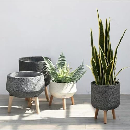 4 fioriere alte grandi in cemento con gambe in legno, vasi da fiori moderni per interni, decorazione per casa, soggiorno, balcone e giardino, elegante set di fioriere decorative