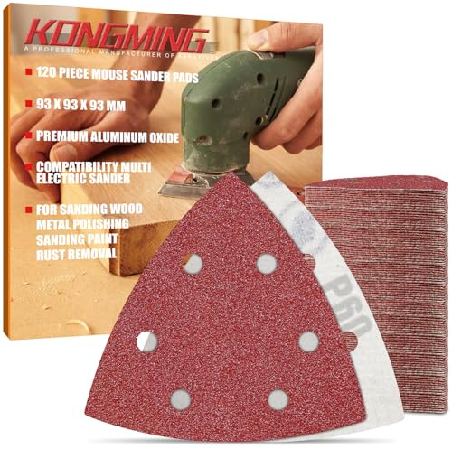 KONGMING 120 Pièces Papier Ponceuse Triangulaire Grain 60 6 Trous | 93x93x93 mm Hook and Loop Alumine Papier Abrasif pour Ponceuse pour Ponceuses de Détail Bois Métaux Polissage