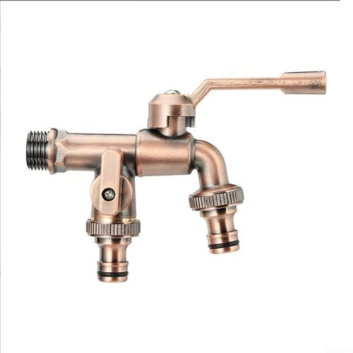 Rubinetto da esterno a doppia uscita, in ottone massiccio, design anticato, per lavatrice, tubo da giardino, doppio controllo, resistente all'acqua fredda e calda, da -20 °C a 120 °C (bronzo rosso)