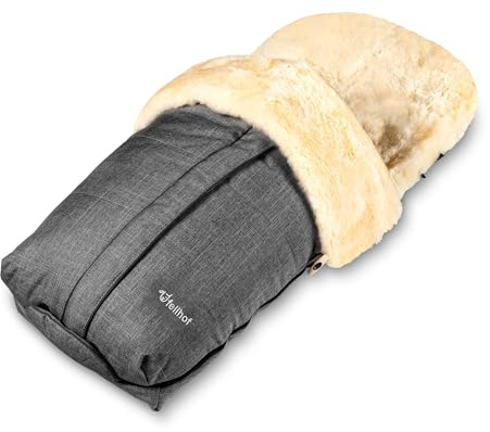 Set Fellhof CORTINA, Winter Fußsack Baby 100% Merino-Lammfell + Windel | Lammfell-Fußsack für Kinderwagen & Buggy | Innen aus 100 % Merino-Lammfell | Wind- & wasserabweisend Graphit Melange