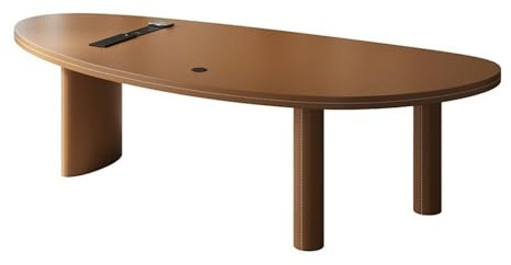 ZENGXJYCQINGJIANG Gaming Desk Modern Brown Saddle Leather Desk PC Workstation with Mango-shaped Tabletop and 3 Legs, Multi-function Charging Outlets(XL)
