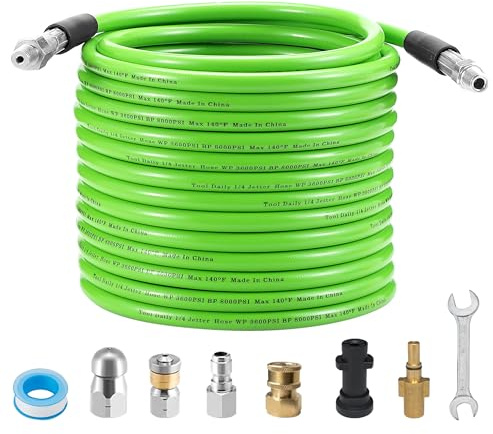 Tool Daily 10M Pressure Washer Hose Drain Cleaning Kit for K2-K7 & AQT | Sewer Jetter Hose with 4 Adapters, Rotating & Button Nose Jet Nozzle, for K2-K7 & Bosch AQT, for Blocked Drains, 3600 PSI