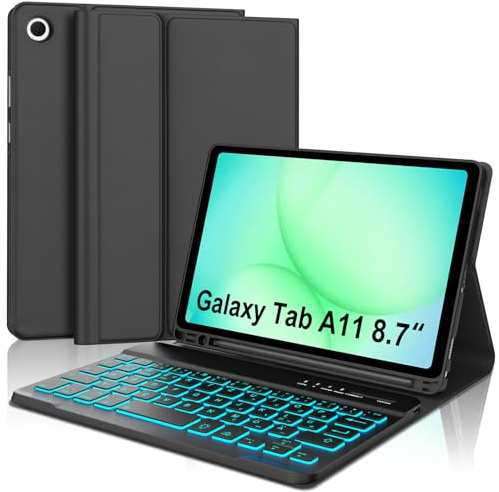 Occtingkind Hülle mit Tastatur für Samsung Galaxy Tab A11 8,7 QWERTZ | Mit 7-Farben Beleuchtung - Langer Akkulaufzeit, Optimale Nutzung, Für Samsung Galaxy Tab A11 8,7 Tastatur Hülle Schwarz