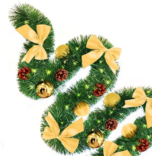 Baunsal® Weihnachtsgirlande Tannengirlande Girlande grün 5 m (TIN) mit Goldener Deko und Led Lichterkette und Fernbedienung Girlande Weihnachten Weihnachtsdeko Tannengirlanden