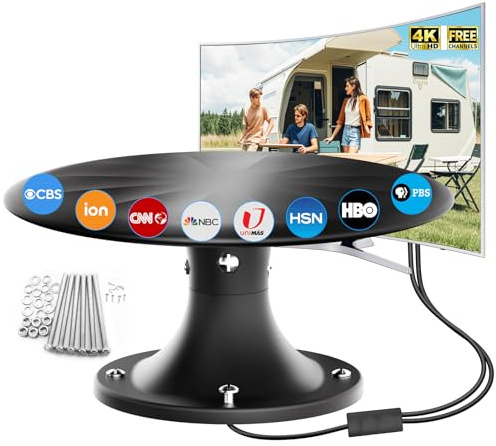 RV TV Aerial, Omnidirectional Digital TV Aerial with Signal Booster, Freeview HD 4K Ready Outdoor Antenna for Caravan, Motorhome, Campervan, Boat & Camping, DVB-T/T2 TV Aerial with 10M Coaxial Cable